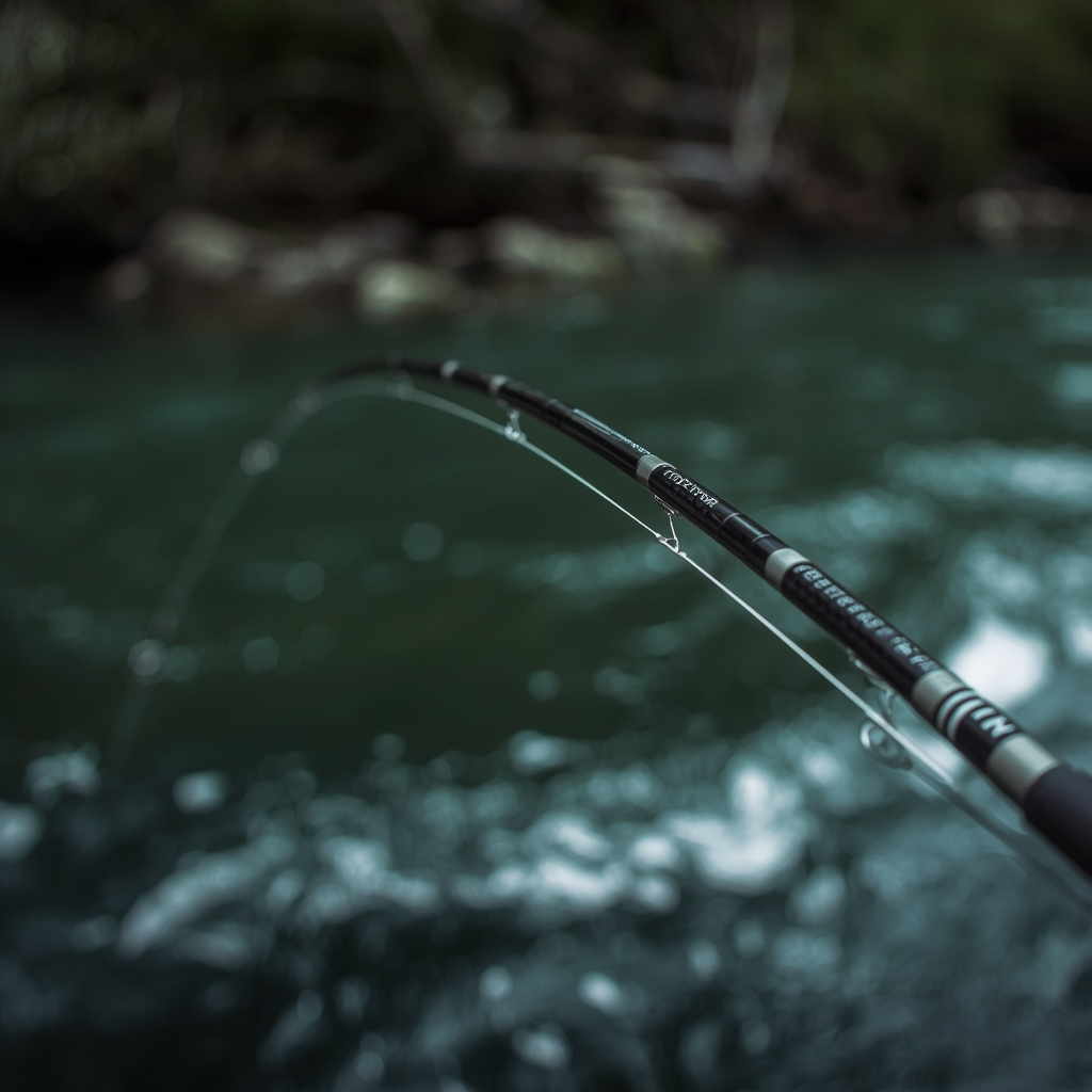 A high-tech carbon fiber fishing rod bending under tension against a blurred river background, action shot, cinematic lighting, no people
